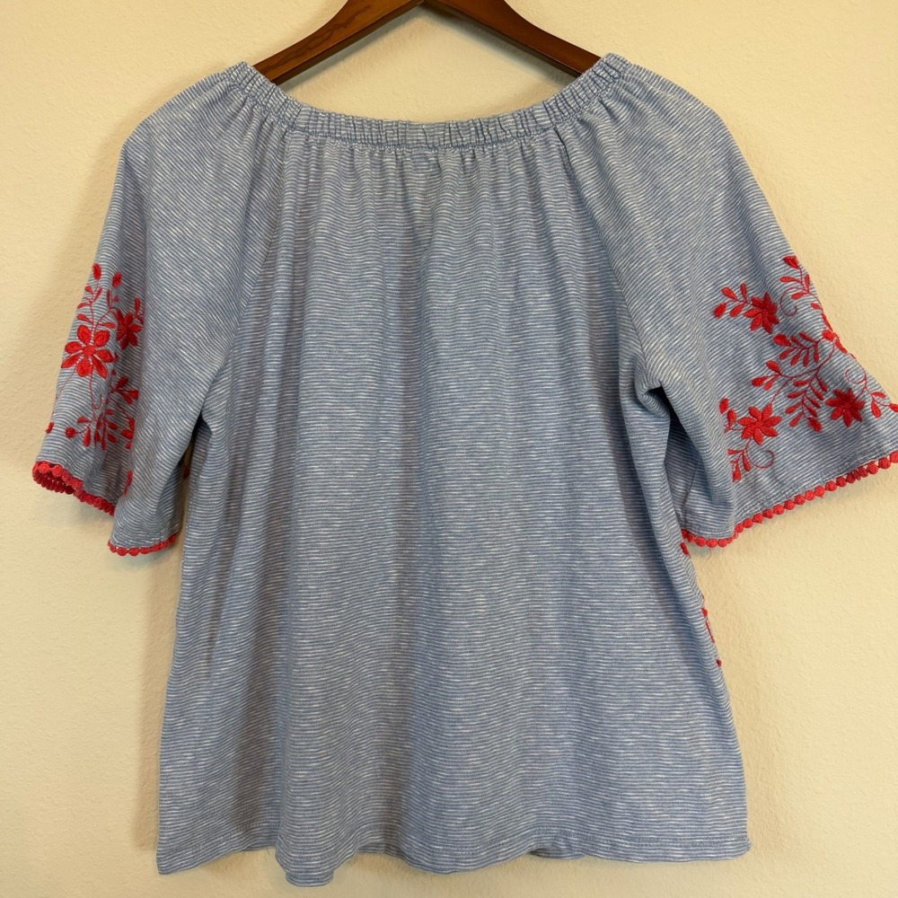 Talbots Embroidered Top Petite Large Blue Stripe Floral Pom Boho Americana - Picture 7 of 11